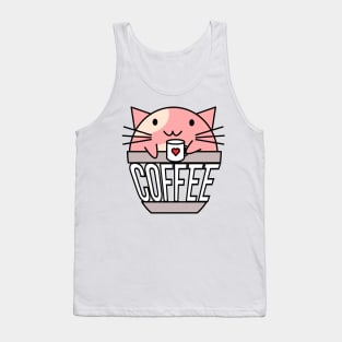 Cat in coffee cup with warped text holding coffee cup with heart pink and white Tank Top
